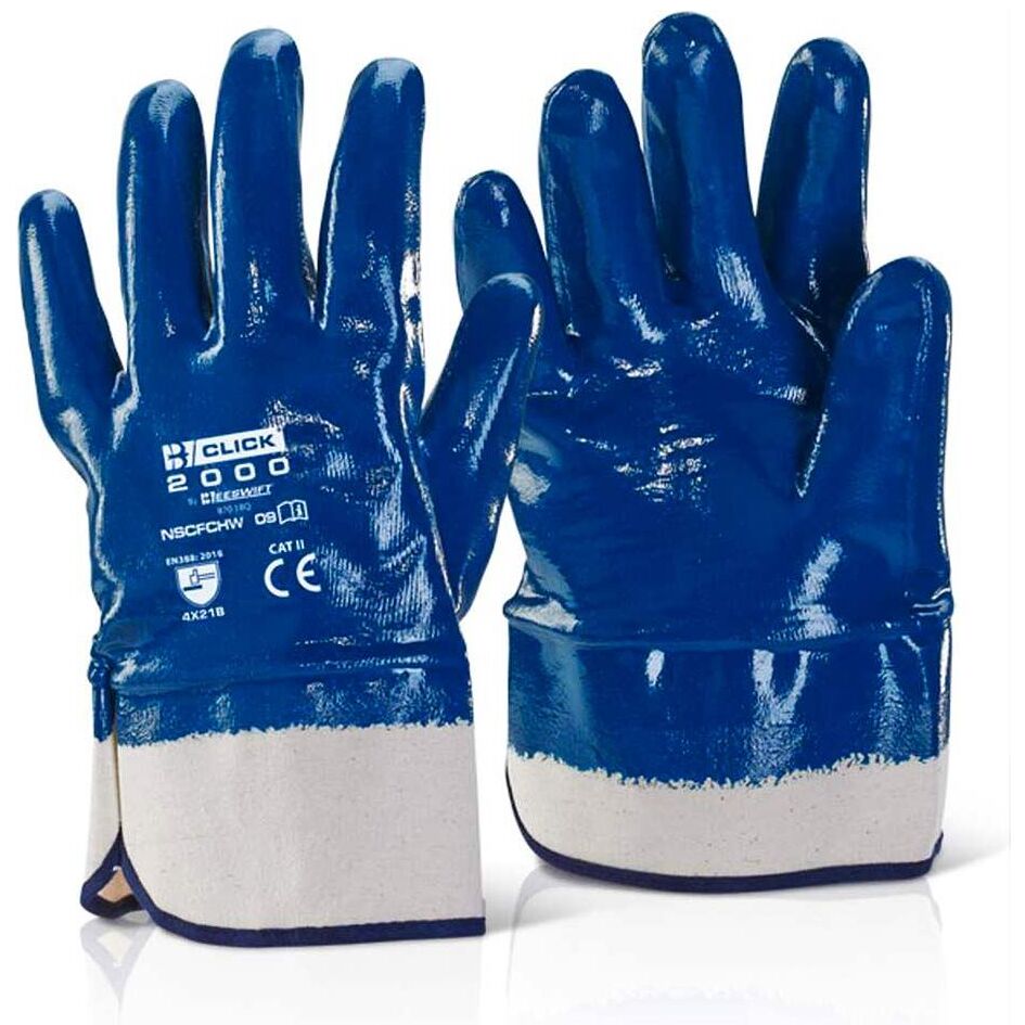 Beeswift Heavy-Duty Blue Nitrile Full Dip Safety Cuff Work Gloves 10 Pairs