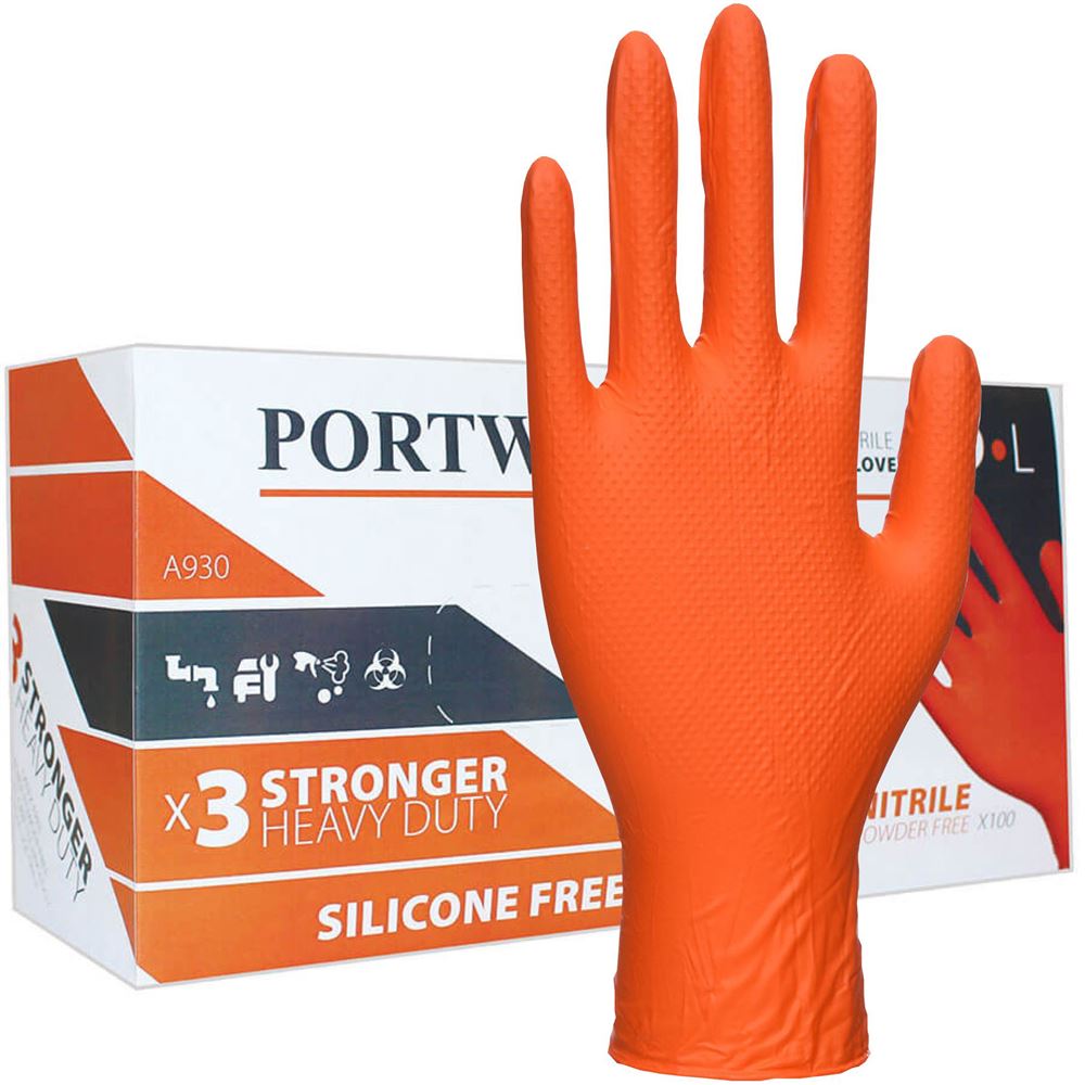Portwest A930 Orange Heavy-Duty Crystal Grip Nitrile Mechanic Gloves Box 100