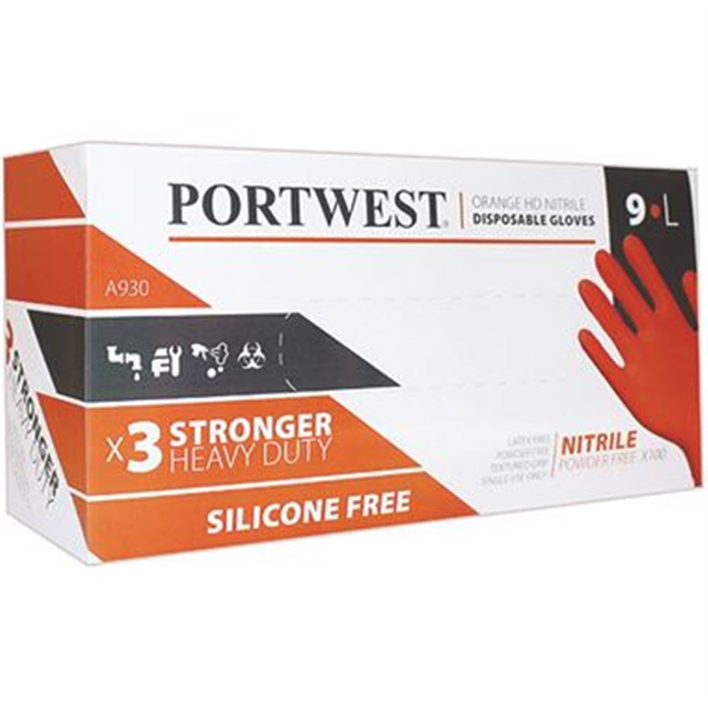 Portwest A930 Orange Heavy-Duty Crystal Grip Nitrile Mechanic Gloves Box 100