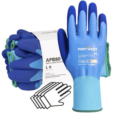 Portwest APB80 Waterproof Work Gloves - 13G Latex Foam Grip, 12 Pairs