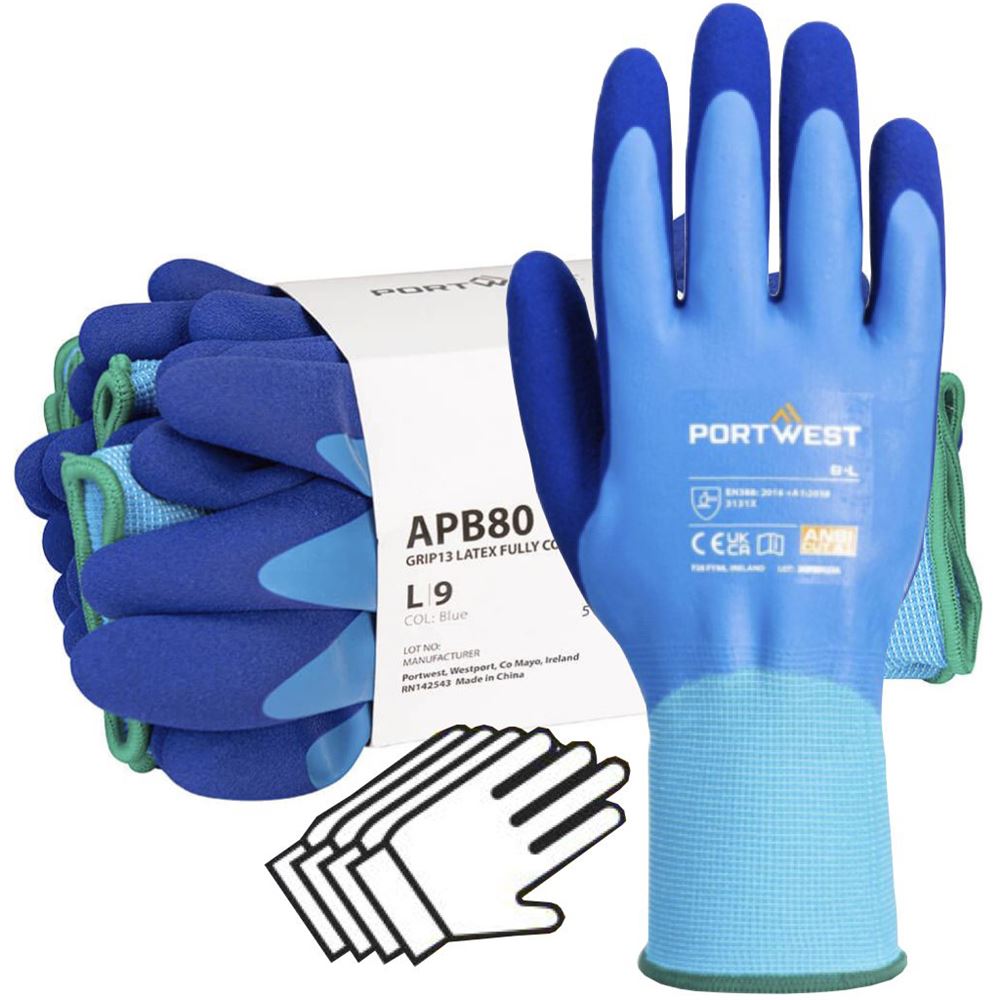 Portwest APB80 Waterproof Work Gloves - 13G Latex Foam Grip, 12 Pairs