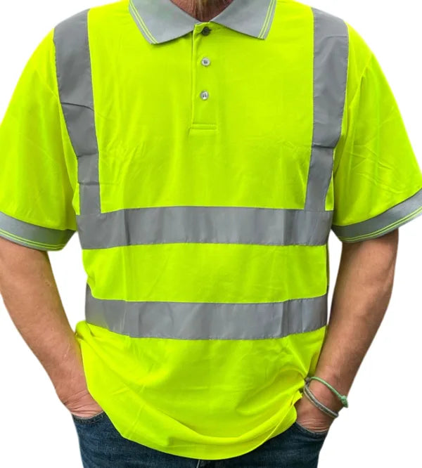 YELLOW HI-VIS POLO SHORT SLEEVE SEWN TAPE CAT 2 160GSM UPF40