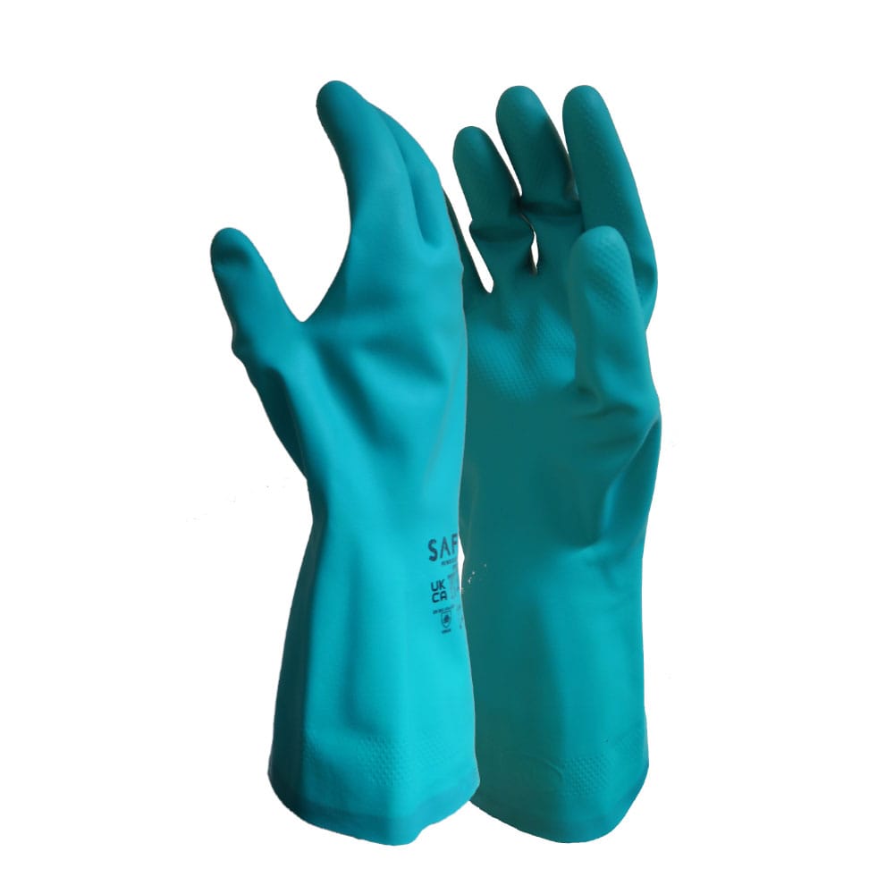 Green nitrile flock 30cm chemical glove with white flock lining Gauntlet