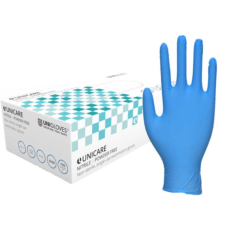 Unicare Powder-Free Nitrile Blue Food Safe Examination Gloves Box of 100