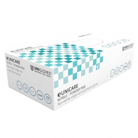 Unicare Powder-Free Nitrile Blue Food Safe Examination Gloves Box of 100
