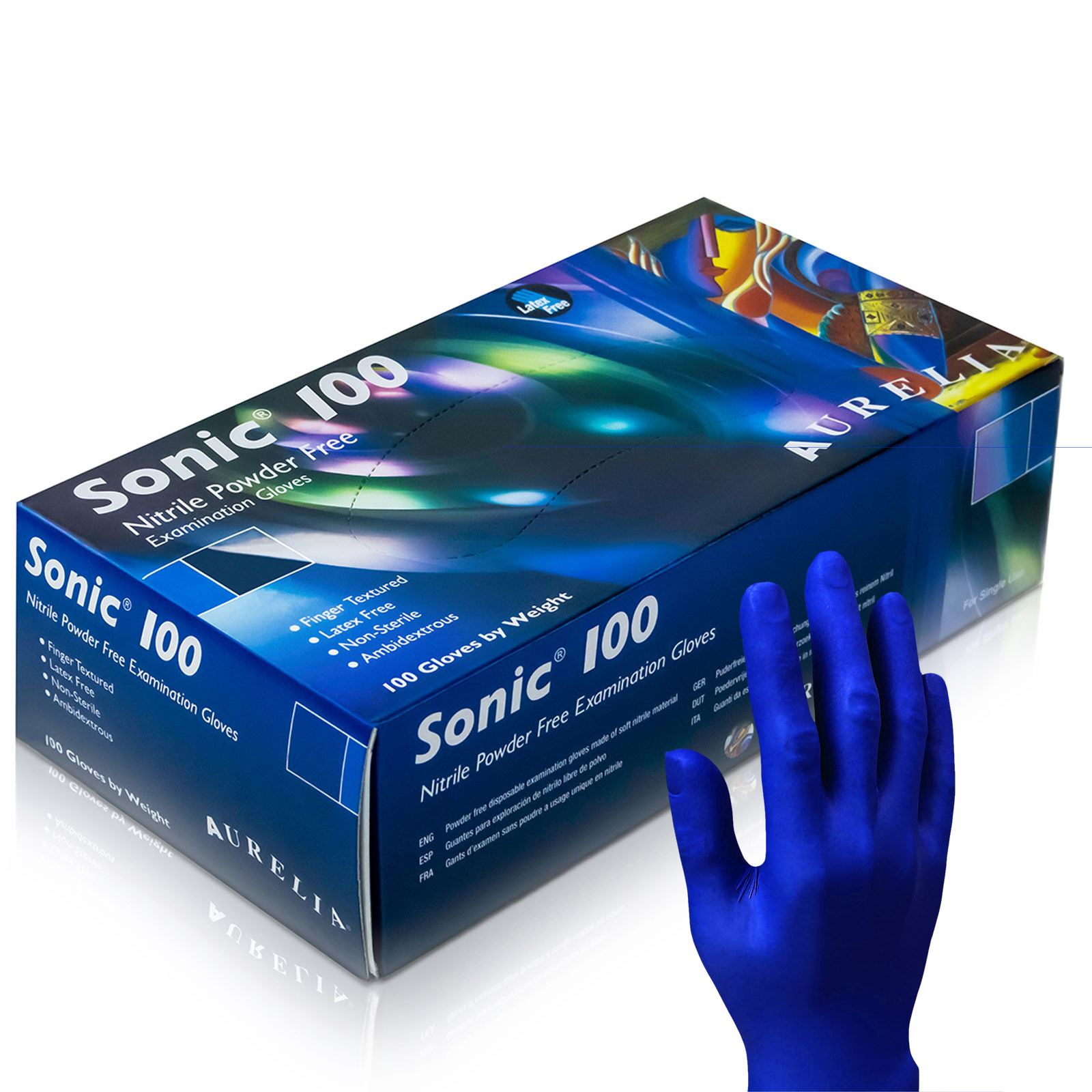 Aurelia Sonic Blue Medical Grade Disposable Nitrile Gloves, Powder Free, Ambidextrous Fit