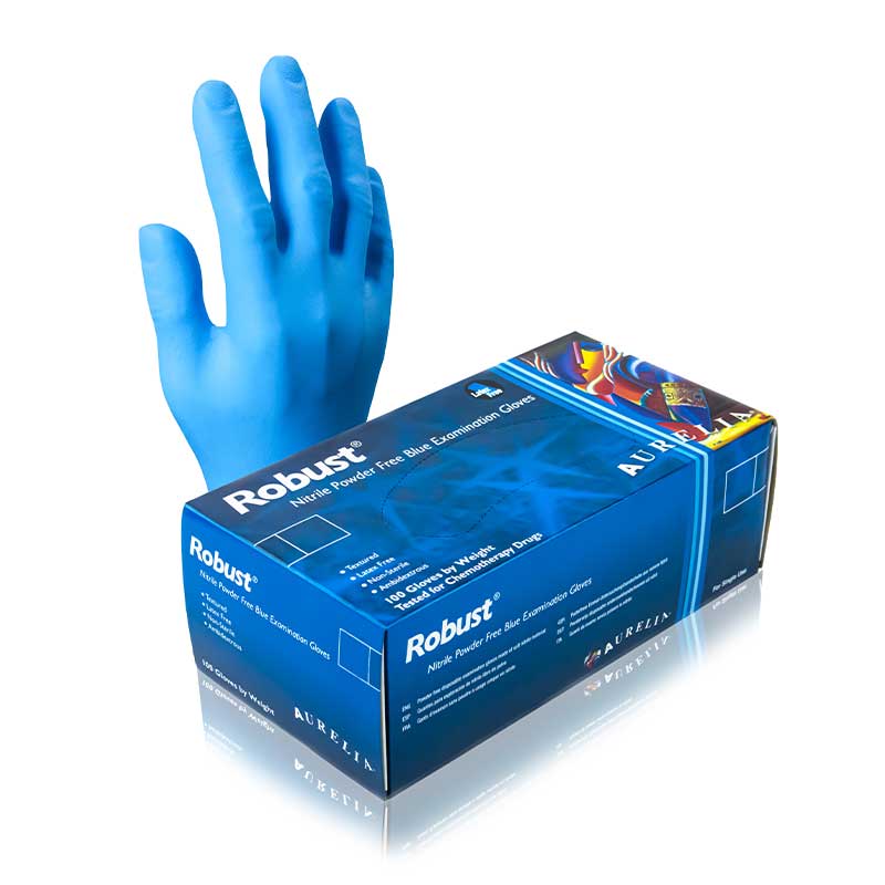 Aurelia Robust Blue Medical Nitrile Disposable Gloves, Powder-Free, Enhanced Grip