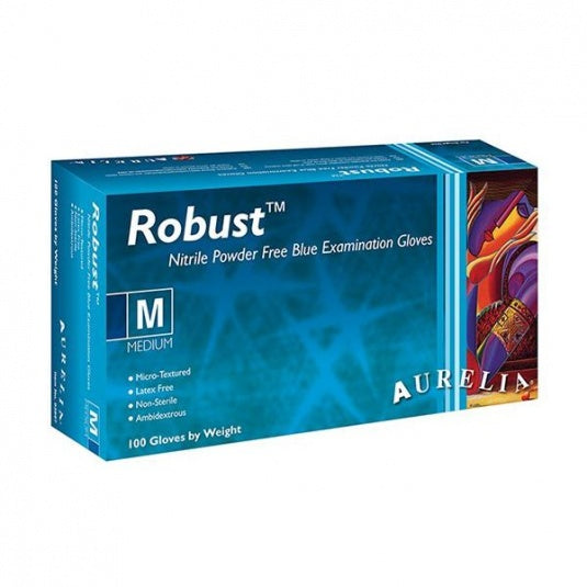 Aurelia Robust Blue Medical Nitrile Disposable Gloves, Powder-Free, Enhanced Grip