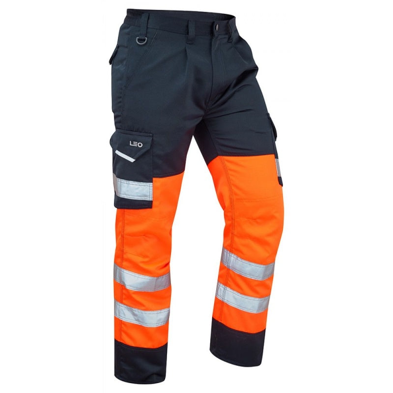 Leo Workwear EcoViz Bideford Hi-Vis Orange Navy Cargo Trousers