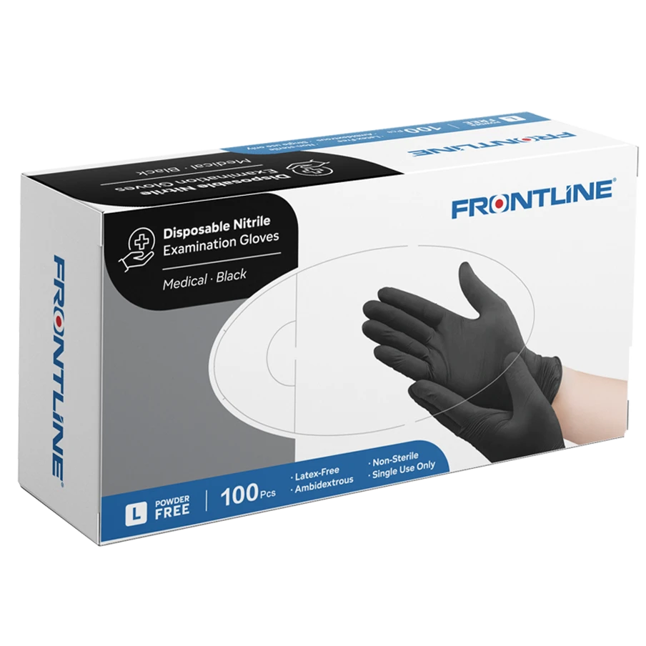 Frontline Black Nitrile Disposable Gloves - Medical Grade, Powder-Free, Tough Protection