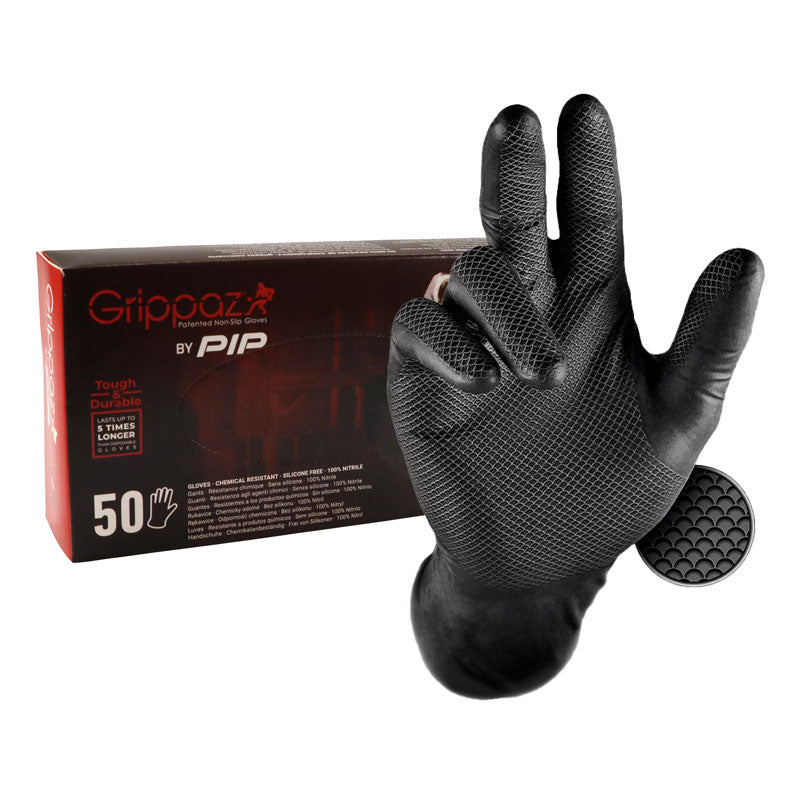 Grippaz Black Semi-Disposable Nitrile Fishscale Grip Gloves - 50 Count Pack