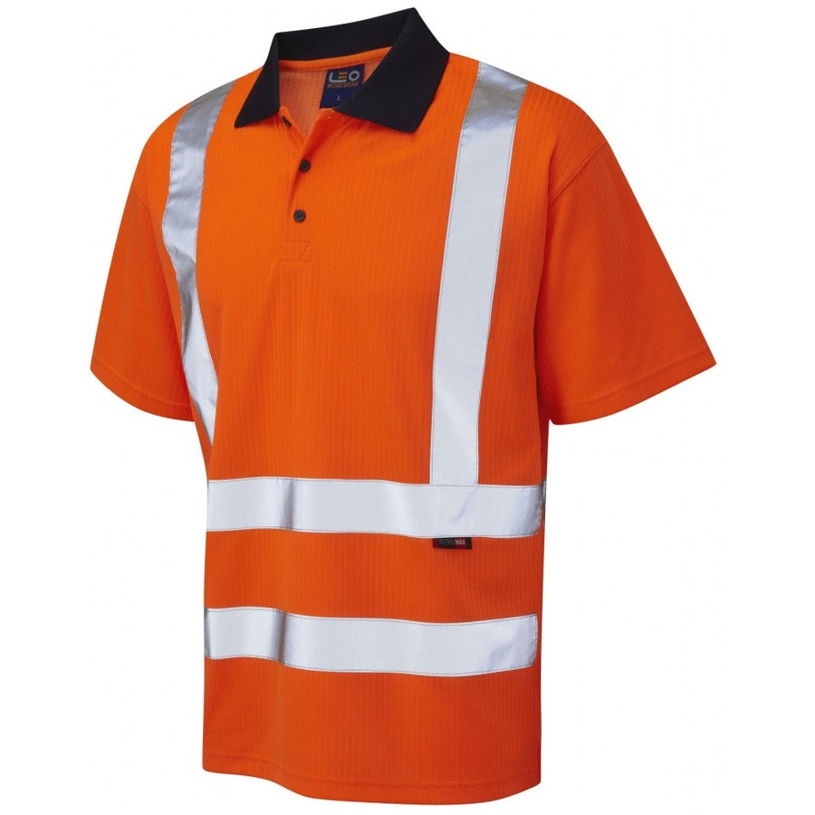 Leo Workwear Croyde Hi-Vis Orange Polo Shirt: ISO 20471, RIS-3279-TOM, EcoViz®PB