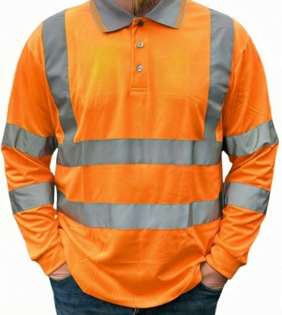 ORANGE HI-VIS POLO LONG SLEEVE SEWN TAPE CAT 3 160GSM UPF40