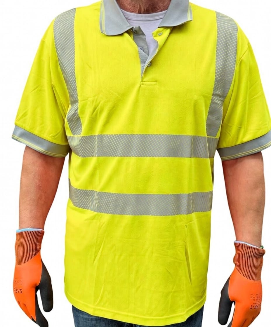 YELLOW HI-VIS POLO SHORT SLEEVE SEGMENTED TAPE CAT 2 160GSM UPF40
