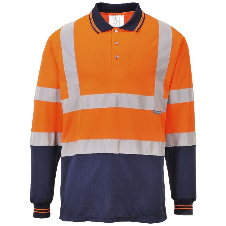 Portwest Hi-Vis Contrast Long Sleeve Polo Shirt, Breathable Wicking, Rail Industry Safety