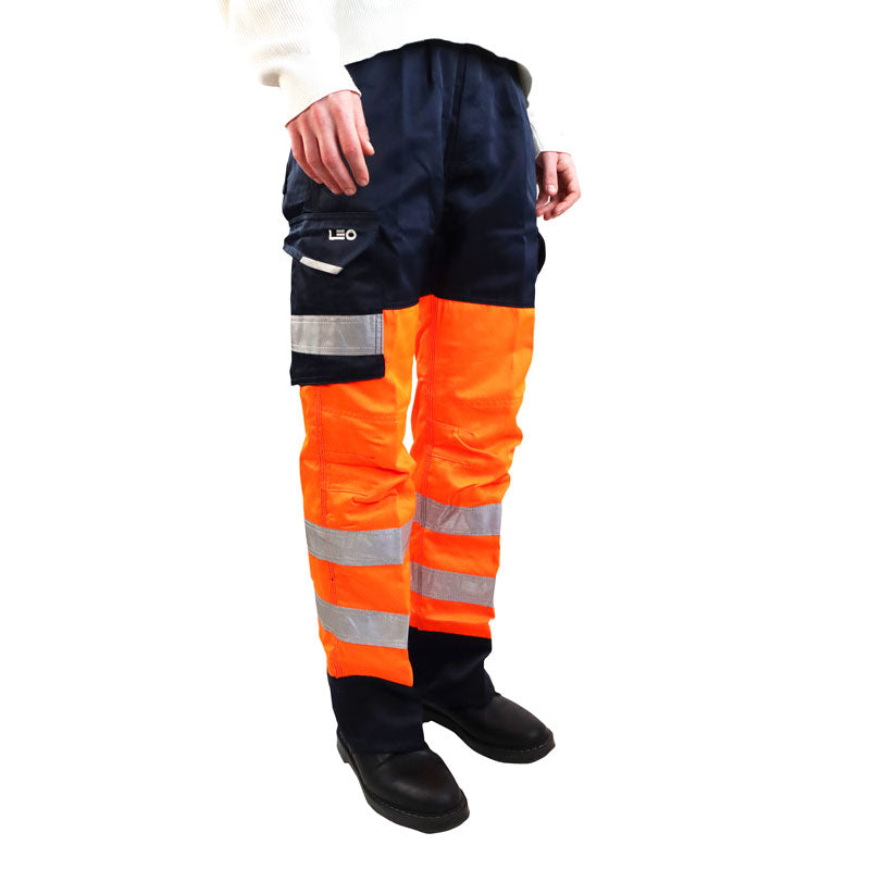 Leo Workwear EcoViz Bideford Hi-Vis Orange Navy Cargo Trousers