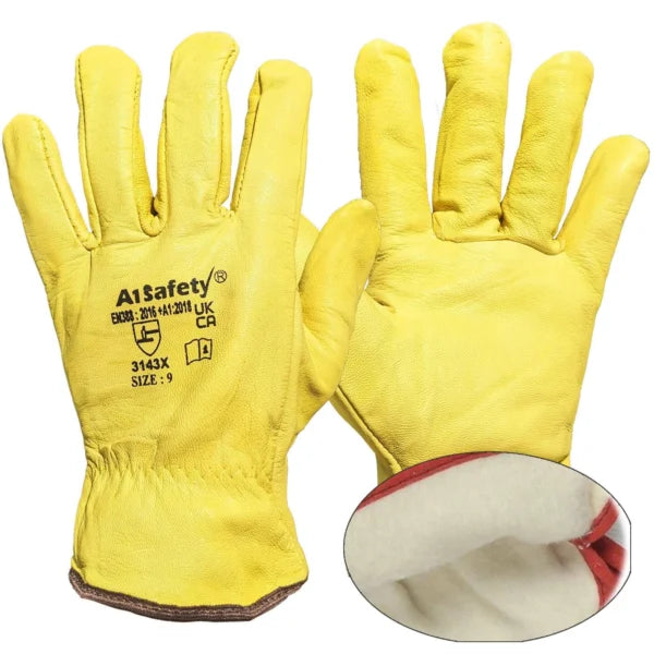 Yellow Leather Fleece Lined Driver Gloves