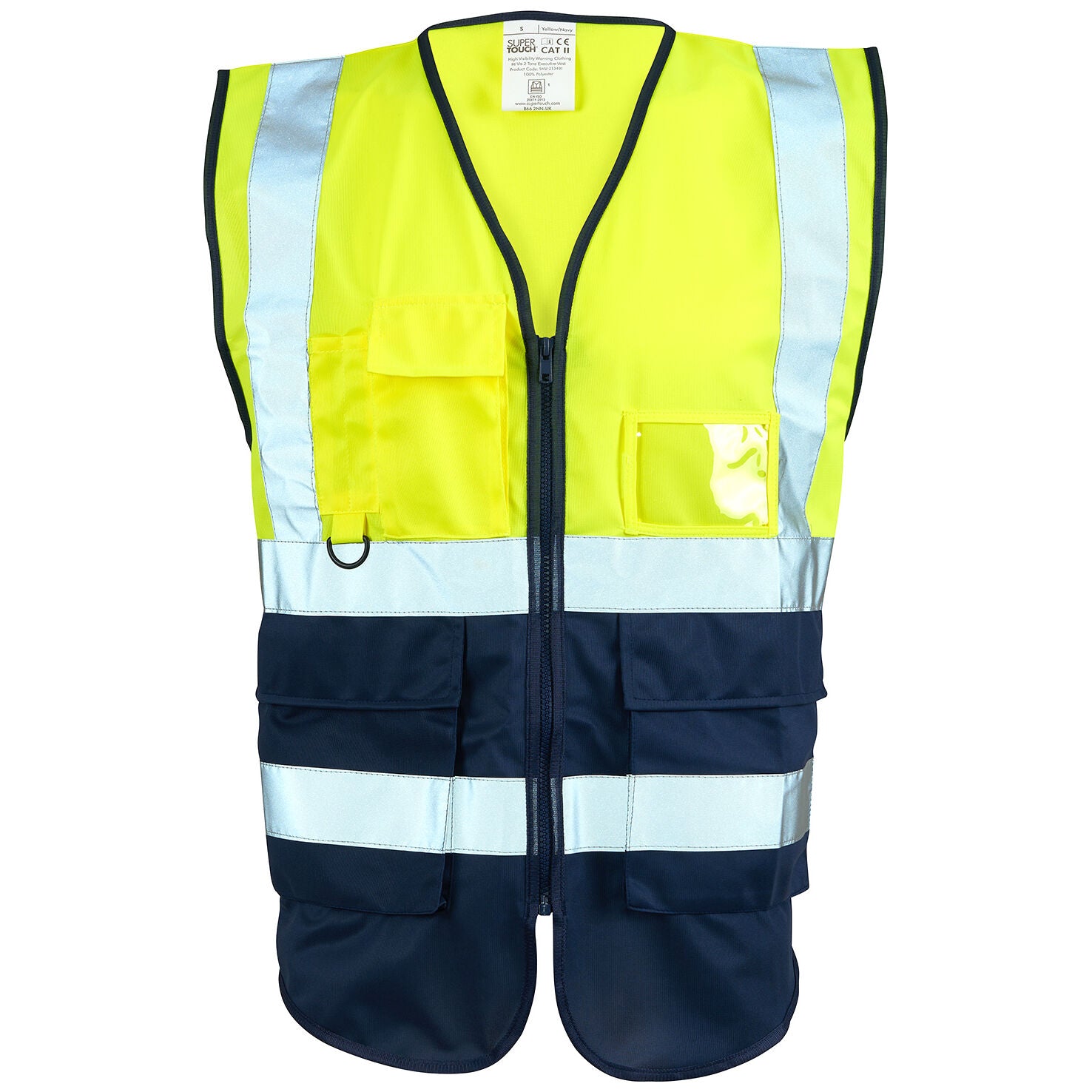 Supertouch Hi Vis Yellow Two-Tone Executive Vest: Reflective Safety, Multi-Pockets, Zip