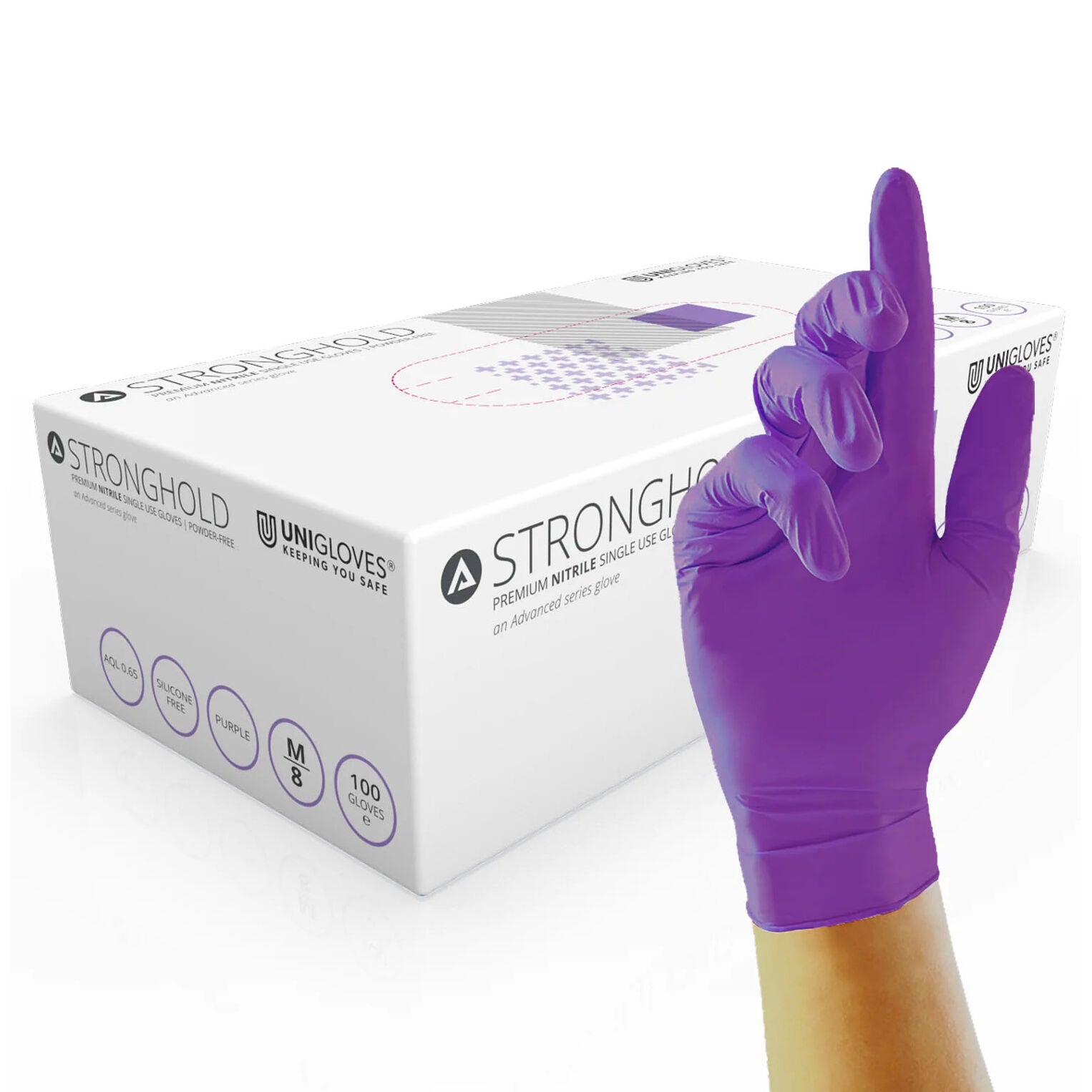 Unigloves Stronghold Advanced Heavy-Duty Purple Nitrile Disposable Gloves Powder-Free