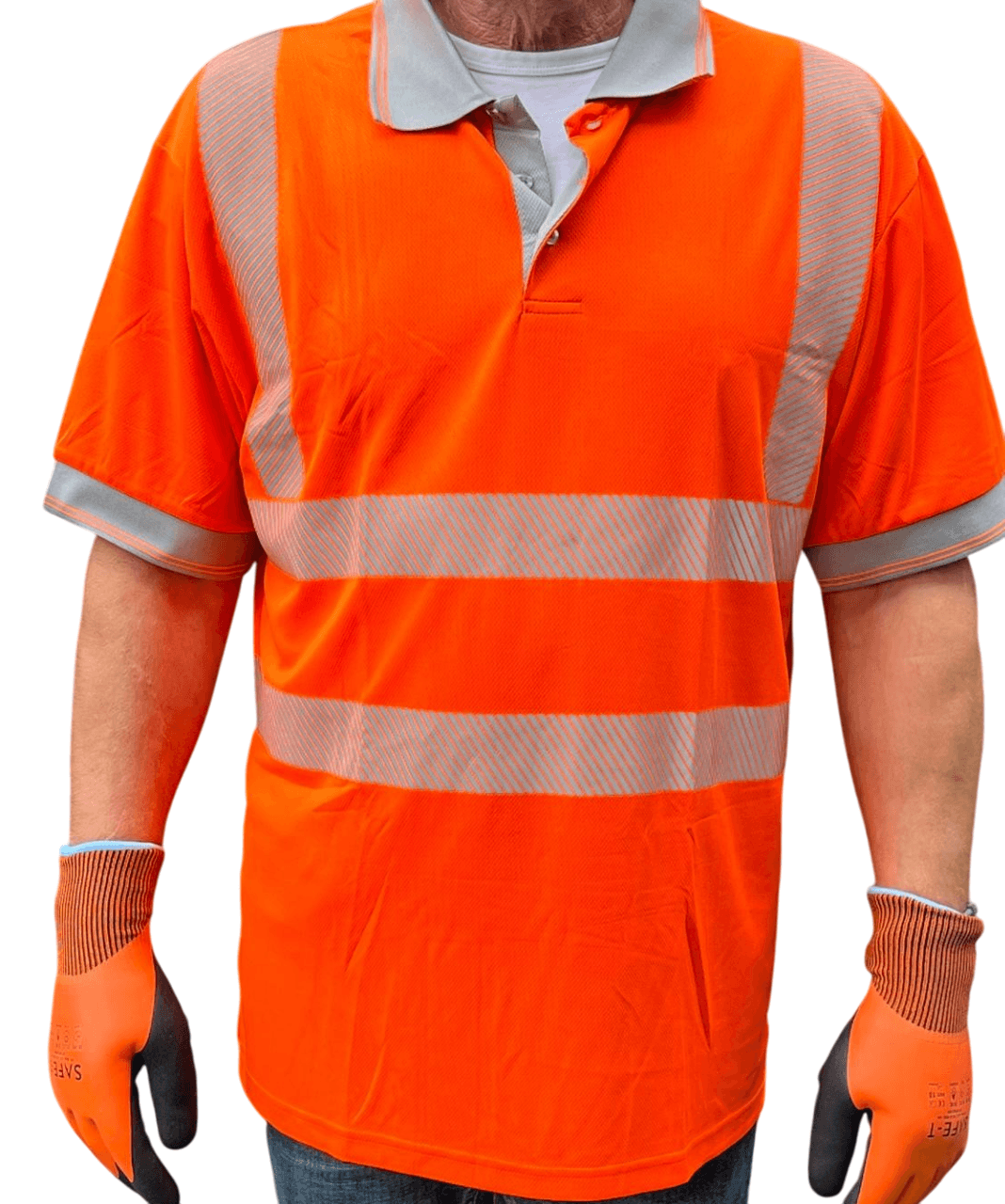 ORANGE HI-VIS POLO SHORT SLEEVE SEGMENTED TAPE CAT 2 160GSM UPF40
